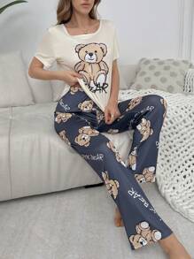 Ensemble T-shirt en peluche d'ours géant imprimé et pantalon de pyjama