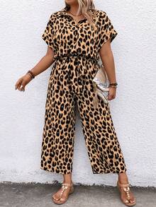 SHEIN LUNE Mono informal de talla grande con estampado de leopardo y mangas tipo murciélago, para verano - Marrón - Ver 7