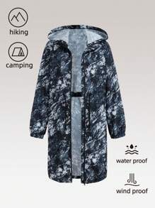 SHEIN Teen Girls' Fashionable Mid-Length Printed Cardigan Trench Coat Black Outerwear For Sun Protection