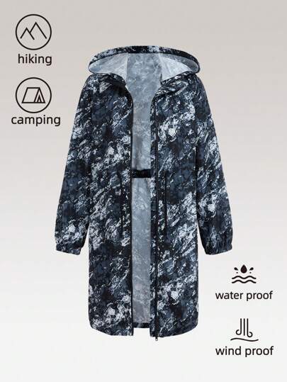 SHEIN 少女時尚中長款印花開衫風衣，黑色防曬外套