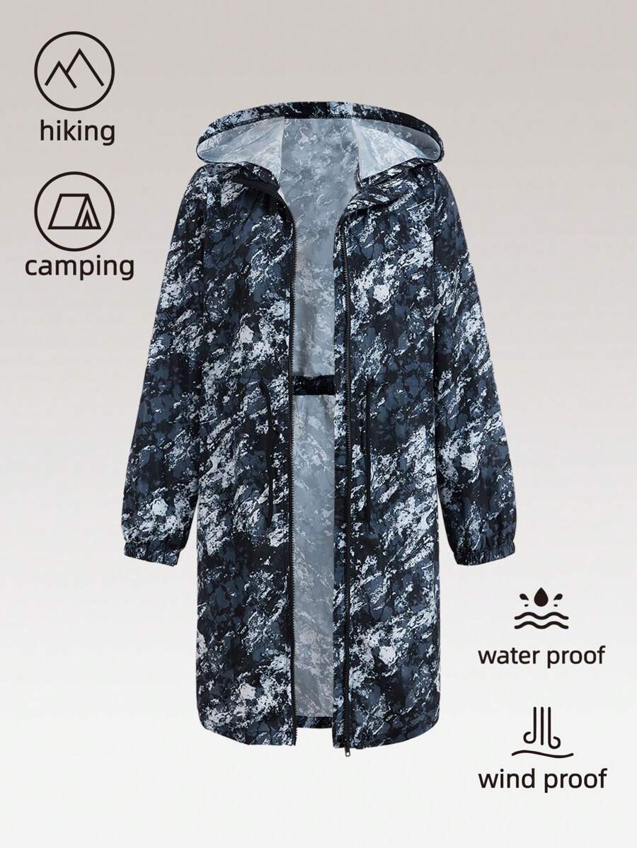 SHEIN Teen Girls' Fashionable Mid-Length Printed Cardigan Trench Coat Black Outerwear For Sun Protection