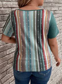 EMERY ROSE 大尺碼女士夏季彩色條紋印花圓領短袖休閒T恤 - 彩色 - 查看 2