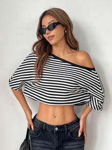 SHEIN EZwear Women's Asymmetrical Neck Striped Casual Elegant Charming Loose Fit T-Shirt