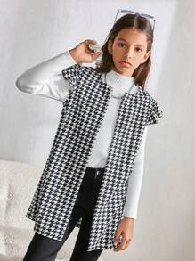 Tween Girls' Casual Houndstooth Print Puff Sleeve Round Neck Mid-Length Jacket