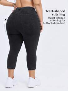 Flexra Plus Size Women's Solid Color Minimalist Daily Stretchy Knit Denim Jeans - Black - View 2