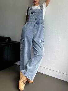 DAZY 女士带口袋牛仔背带裤，直筒宽松休闲舒适连体裤 - 藍色 - 查看 3