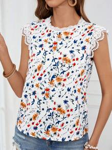 SHEIN VCAY Áo sơ mi nữ dệt in họa tiết ngày lễ có cổ tròn, khuy măng sét và viền ren nối dành cho nữ - Nhiều màu - Xem 3