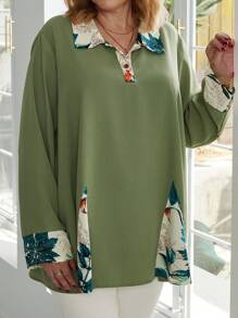 EMERY ROSE 大码拼色印花长袖休闲宽松舒适衬衫裙 - 綠色 - 查看 5