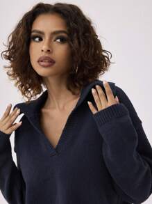 Forever 21 Áo len dài tay cổ chữ V dáng rộng mùa thu/đông mới - Xanh đậm - Xem 5