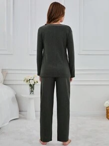 RueChic 100% Cotton 2Pcs  Slogan Injection Printed Shirt And Lounge Bottom Homewear Lounge Set - Dark Green - View 2