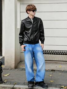 Teen Boys' Solid Color Simple Casual PU Leather Jacket - Black - View 3