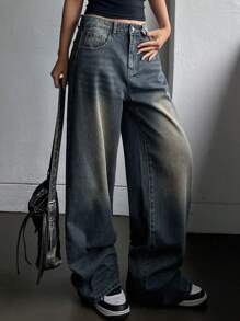 DAZY Quần Jeans Denim Thường Ngày Nhiều Túi Cài Nút Phía Trước Đơn Giản Cho Nữ, Quần Jeans Rộng - Rửa tối - Xem 2