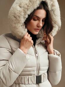 Anewsta 女士时尚拉链短款连帽加厚外套，冬季服装 - 卡其色 - 查看 2