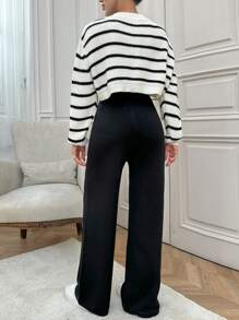 EURMUSE Women Stripe Patten Front Button Cardigan & Sweater Pants Set - Black and White - View 3