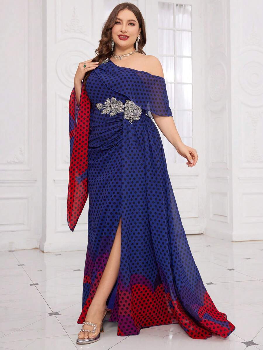 Plus Size Single-Breasted Beaded Decor Modest Long Flare Sleeve Chiffon Dress With Randomly Cut Watercolor Printed Patterns, Waist With Beaded Flower And Sequin Trims, Elegant And Gorgeous Spring - Purple - View 1