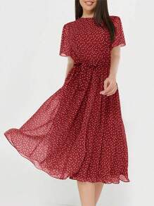 PoPoHouse Women's Elegant Temperament Round Neck Polka Dot Print Short Sleeve Waist Dress Summer