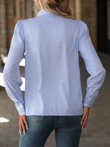 Chiquease Áo kiểu nữ công sở thường ngày thanh lịch có nơ dài tay trang trí áo kẻ sọc - Màu xanh lam - Xem 2