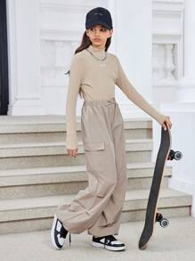 SHEIN Completo per ragazze pre-adolescenti con top a manica lunga a collo alto in maglia a tinta unita e pantaloni larghi, casual sportivo