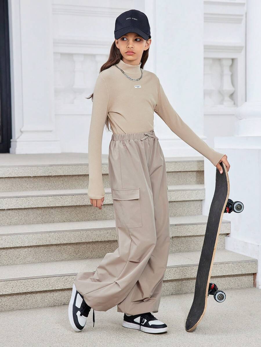 SHEIN Completo per ragazze pre-adolescenti con top a manica lunga a collo alto in maglia a tinta unita e pantaloni larghi, casual sportivo