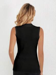 INAWLY Solid Color Turtleneck Ribbed Knit Tank Top - Black - View 2