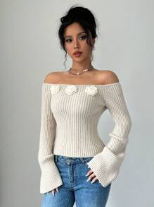 Chiquease 女士纯色罗纹露肩贴花针织套头衫，秋冬款 - 杏色 - 查看 5