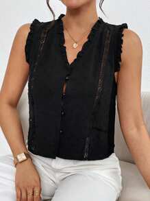 SHEIN Frenchy 女士宽松提花蕾丝嵌花无袖衬衫，黑色背心上衣 - 黑色 - 查看 4
