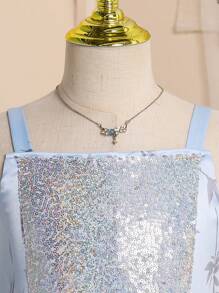 SHEIN Young Girl Sequin Patchwork Floral Print Dress - Blue - View 3