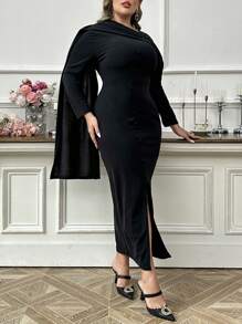 Modelyn Plus Size Spring/Autumn Elegant Solid Color Asymmetric Collar Split Bodycon Dress, For Casual Daily/Holiday/Evening Parties/Wedding Guest - Black - View 4