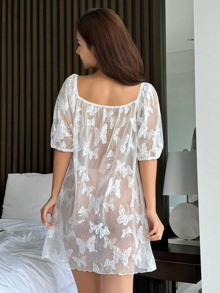 Women's Sweetheart Neck Lace Sheer Bubble Sleeve Tie Front Sexy Nightgown Lingerie For Women