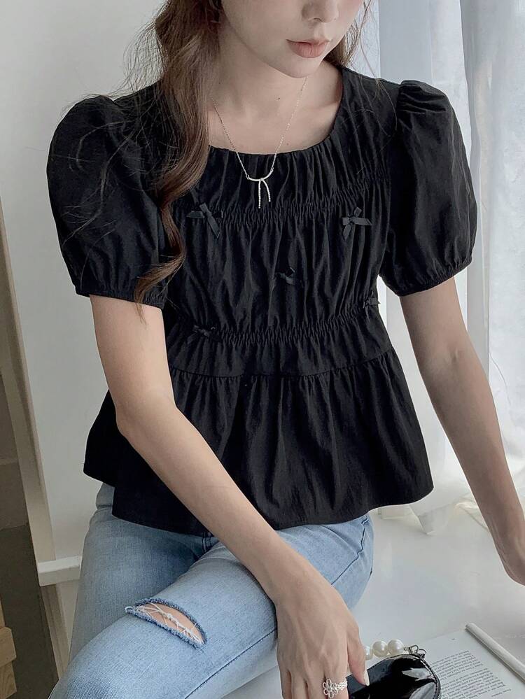 Women's Casual Solid Color Bow Decor Puff Sleeve Blouse, Summer,Ruffle