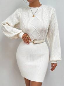 Chiquease Casual Solid Color Lantern Sleeve Sweater Dress, Autumn Spring Fall Cloth For Women - Beige - View 6