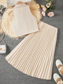 Conjunto de blusa sin mangas de tejido liso y falda mini plisada para niñas preadolescentes - Albaricoque - Ver 5