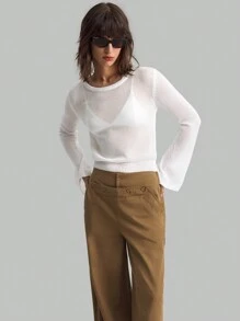 Ontre Jersey básico de cuello redondo de manga larga para mujer, blanco - Blanco - Ver 9