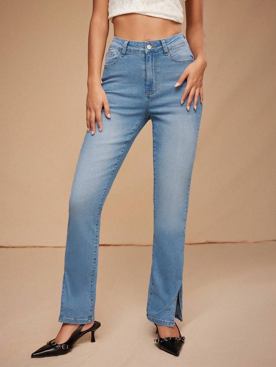 Forever 21 侧开衩紧身牛仔裤 - 中蓝色水洗 - 藍色 - 查看 1