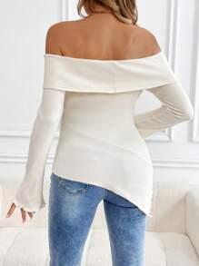 SHEIN Áo thun dài tay trễ vai đơn giản, viền bất đối xứng, màu trơn dành cho phụ nữ, dành cho bà bầu - trắng - Xem 2