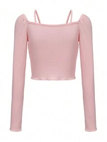 甜美蕾丝拼接 V 领紧身上衣粉色美学修身长袖 T 恤