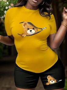 INAWLY 3d Teddy Casual Round Neck T-Shirt And Shorts Two-Piece Set - Multicolor - View 1