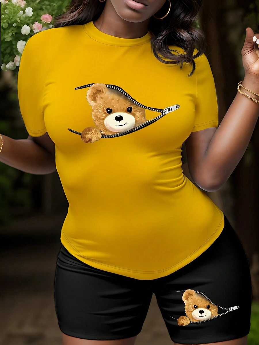 INAWLY 3d Teddy Casual Round Neck T-Shirt And Shorts Two-Piece Set - Multicolor - View 1