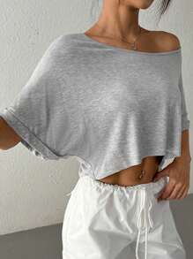 SHEIN EZwear Women Oversized Loose Fit Knitted One Shoulder Crew Neck T-Shirt, Grey