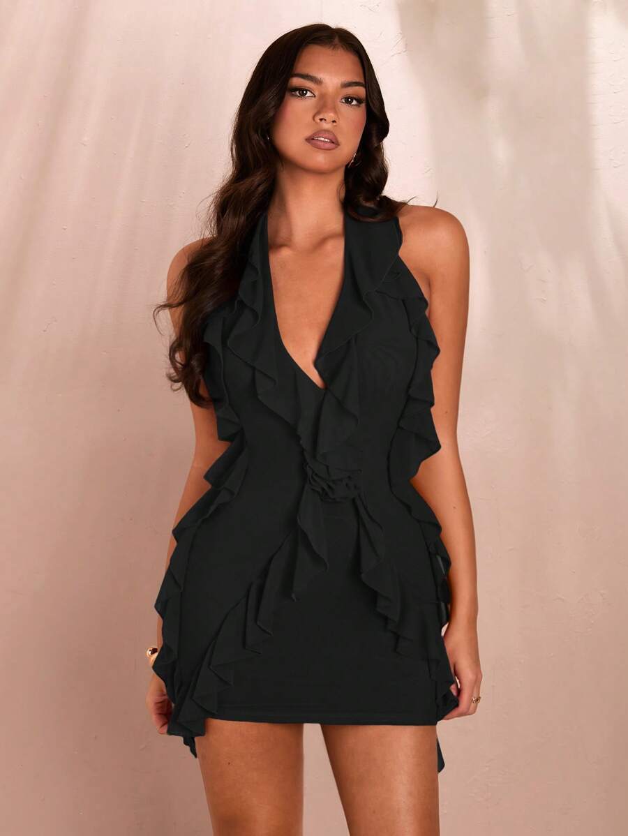 SHEIN BAE Vestido mini con volantes para mujer, con cuello en V profundo sexy, decoración floral 3D, ribete con volantes y dobladillo con lazo para citas románticas en vacaciones de verano - Negro - Ver 1