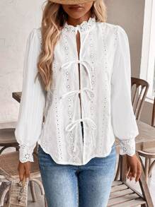 SHEIN Frenchy Blusa de manga larga con corbata delantera bordada para mujer