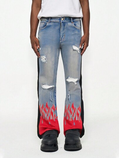 Jeans slim à imprimé flamme blocs de couleurs vintage de rue pour hommes, école