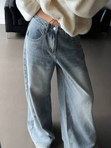 DAZY Women Plain Simple Loose Fit Wide Leg Jeans,Baggy Jeans - Blue - View 5