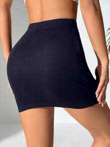 SHEIN EZwear Váy dài đến đầu gối dáng ôm cơ bản màu trơn cho nữ cỡ lớn - Màu xanh hải quân - Xem 2