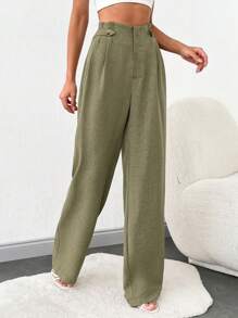 SHEIN Tall Tall Women Front Two Sided Button Detailed Linen Pants - Green - View 5