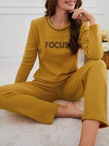 RueChic 100% Cotton 2Pcs  Slogan Injection Printed Shirt And Lounge Bottom Homewear Lounge Set - Mustard Yellow - View 5