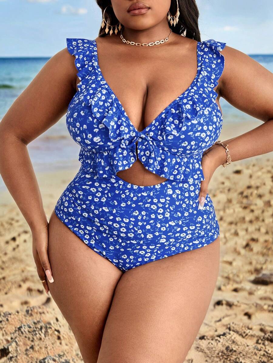 SHEIN Swim Curve taglie forti Costume intero con stampa fiorellini con bordo a volant scavato con nodo frontale - Blu - Visualizzare 1