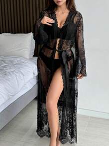 DAZY Lace Semi-Sheer Romantic Bell Sleeve Belted Robe Pajama - Black - View 3