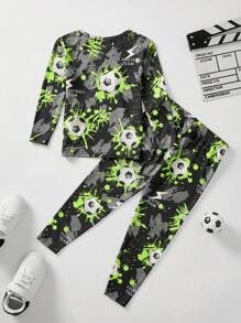 SHEIN 2-teiliger, hautenger, atmungsaktiver Pyjama-Schlafanzug für Kleine Jungen mit Football-Motiv, leuchtender Langarm-Oberteil und Hose