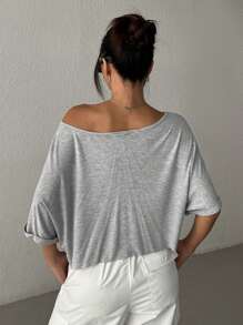 SHEIN EZwear Women Oversized Loose Fit Knitted One Shoulder Crew Neck T-Shirt, Grey